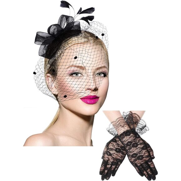 Fascinator Hat Feather Veil Lace Gloves for Women Elegant Tea Party & Formal Wea - Picture 1 of 7